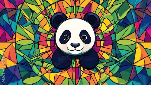 Stylized Panda Portrait with Vibrant Stained Glass Background Pattern Colorful Art photo