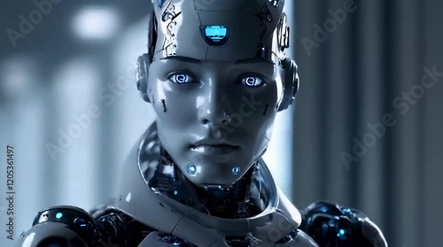 The humanoid robot raises its hand, spreads its fingers, and moves it