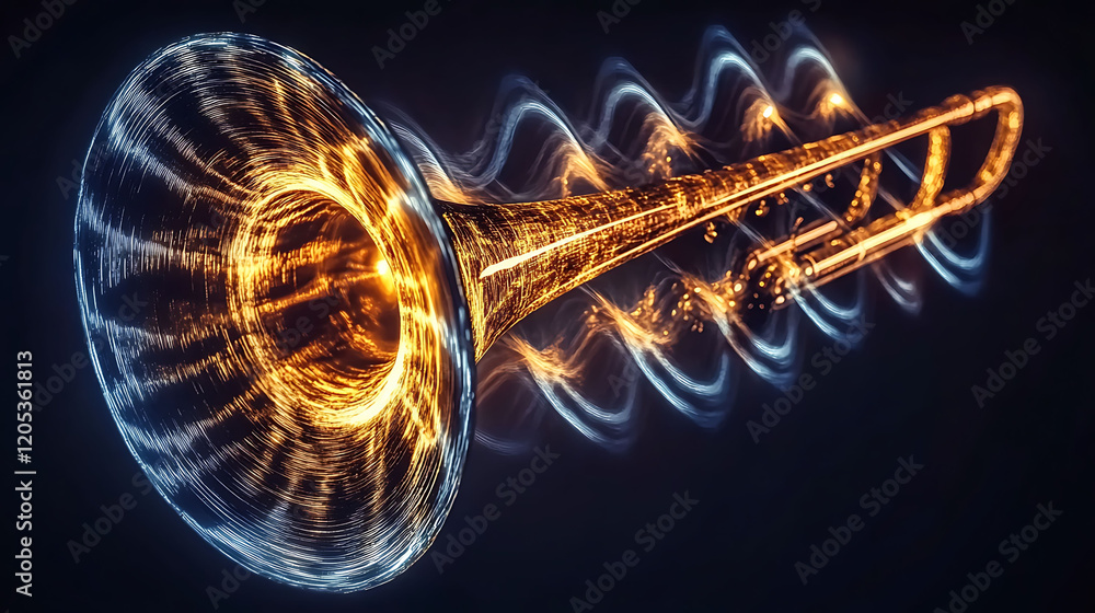Fototapeta premium Stunning abstract image of a trombone emitting vibrant light trails, symbolizing sound waves. Perfect for music, technology, or energy concepts.