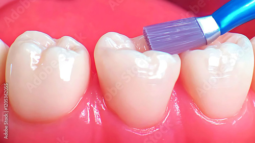 Closeup shot of a dentist applying sealant to teeth.  Highquality image ideal for dental websites, brochures, and educational materials.  Illustrates preventative dental care and healthy teeth.