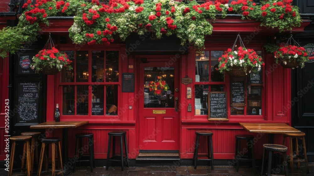 Red Pub Exterior With Hanging Flowers And Outdoor Seating Red Pub Exterior With Hanging Flowers And Outdoor Seating