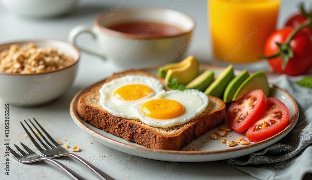A plate of whole wheat bread, with boiled eggs, avocado and sliced tomatoes on the side, natural yogurt with granola, fresh fruit, tea, orange juice. healthy food concept for diet A plate of whole wheat bread, with boiled eggs, avocado and sliced tomatoes on the side, natural yogurt with granola, fresh fruit, tea, orange juice. healthy food concept for diet