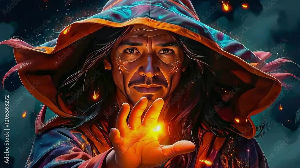 Mysterious sorcerer with piercing eyes predicts fortune and casts spells Mysterious sorcerer with piercing eyes predicts fortune and casts spells