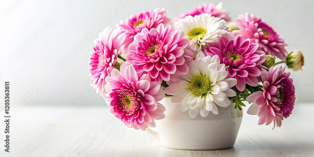 Macro shot: Delicate pink and white blooms in a white vase, isolated on white, showcasing exquisite floral detail. Macro shot: Delicate pink and white blooms in a white vase, isolated on white, showcasing exquisite floral detail.