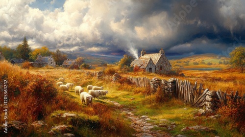 Autumnal Landscape With Stone Cottage And Sheep