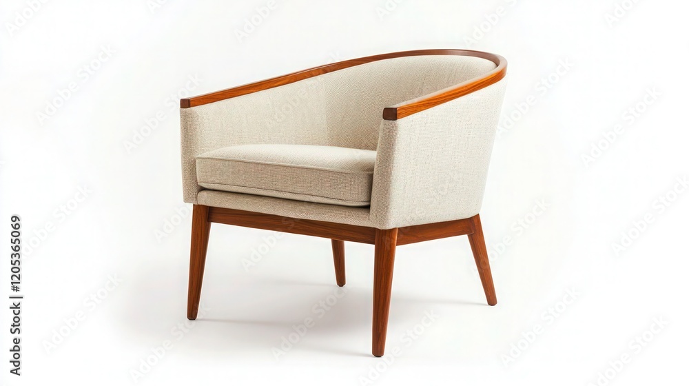 A sleek mid-century modern wooden chair with a curved backrest and light beige fabric upholstery, isolated on a white background. A sleek mid-century modern wooden chair with a curved backrest and light beige fabric upholstery, isolated on a white background.
