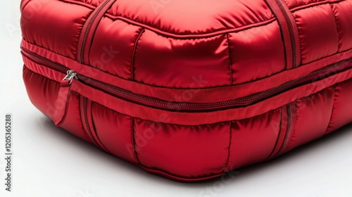 A sleek red thermal bag with visible insulated layers and a sturdy zipper, displayed on a pristine white background in close-up, showing fine details of the fabric texture . photo