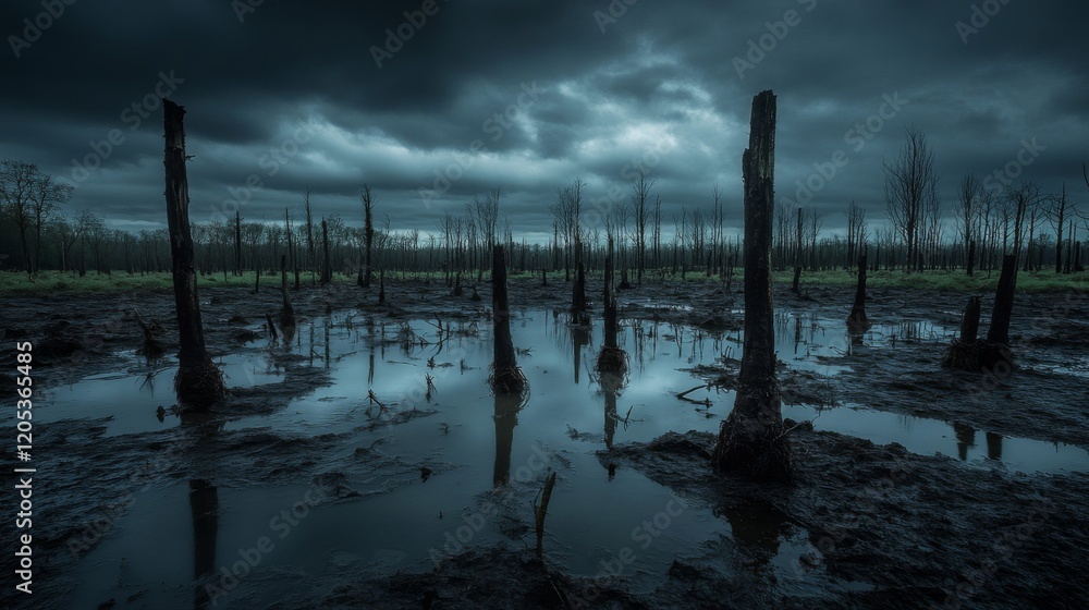 Dark Swamp Trees Reflecting In Still Water Under A Stormy Sky Dark Swamp Trees Reflecting In Still Water Under A Stormy Sky