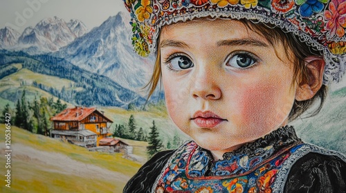 Close-Up Hand-Drawn Portrait of a Slovakian Child in Traditional Kroj Attire Against a Tranquil Mountain Background photo