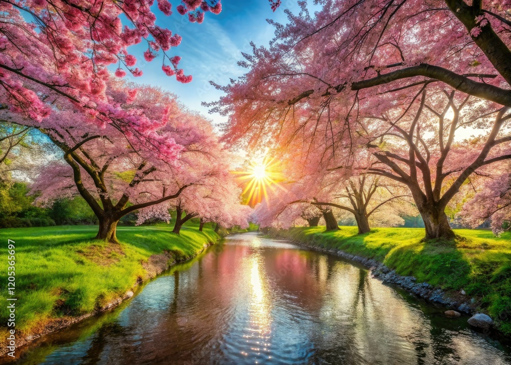 Pink blossoms paint a panoramic spring river, a scenic Japanese cherry bloom. Pink blossoms paint a panoramic spring river, a scenic Japanese cherry bloom.