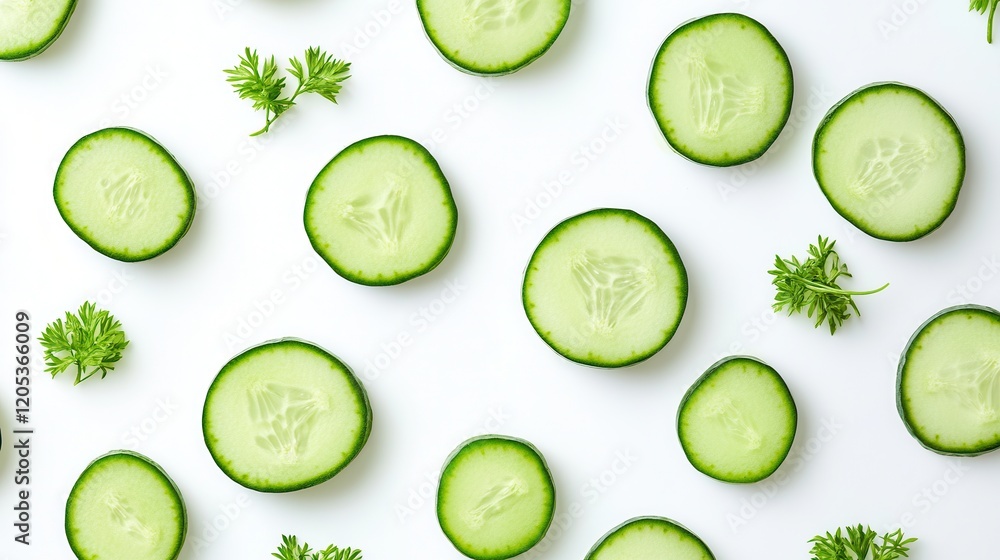 A detailed close-up of fresh sliced cucumbers garnished with vibrant parsley, showcasing their textures and colors. A detailed close-up of fresh sliced cucumbers garnished with vibrant parsley, showcasing their textures and colors.