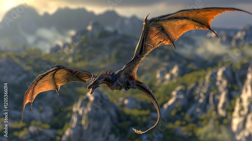 A dragon flies over a mountain range. photo