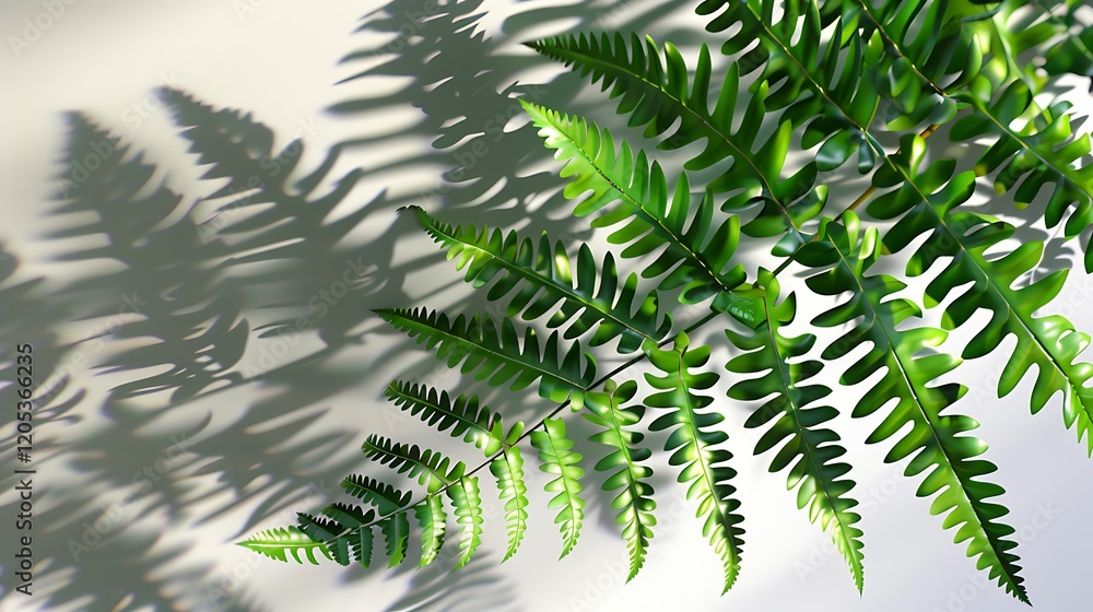 Green Fern Leaf with Shadow on White Background Green Fern Leaf with Shadow on White Background