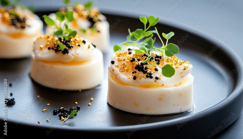 Fototapeta premium Elegant gourmet dish featuring creamy bites garnished with herbs and edible gold on a sleek black plate.