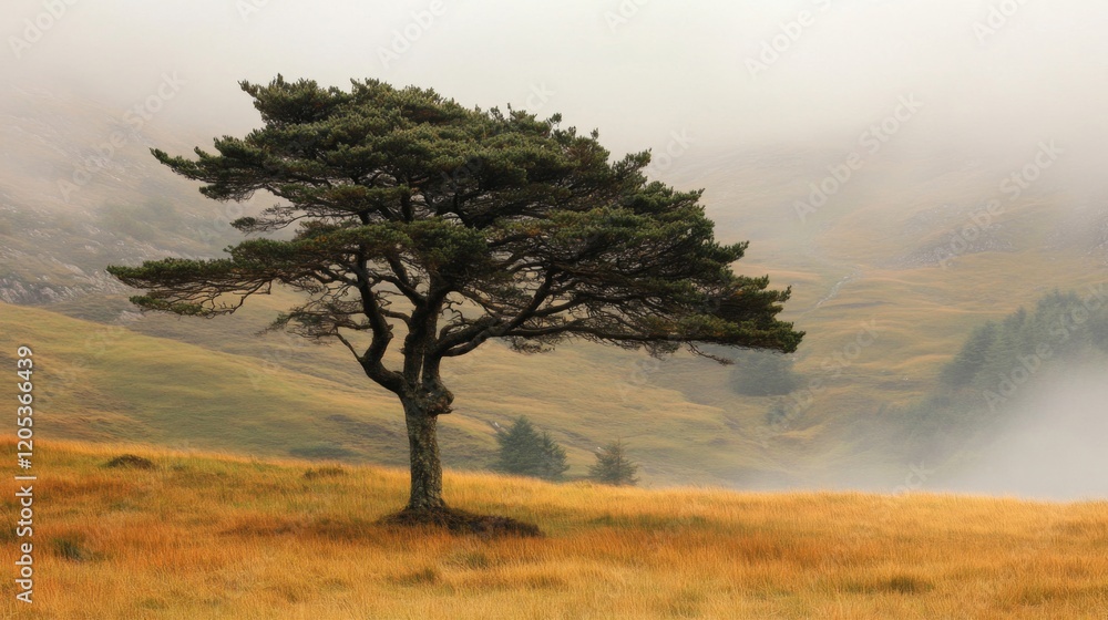 Fototapeta premium Lone Tree Stands Tall in Misty Mountain Landscape