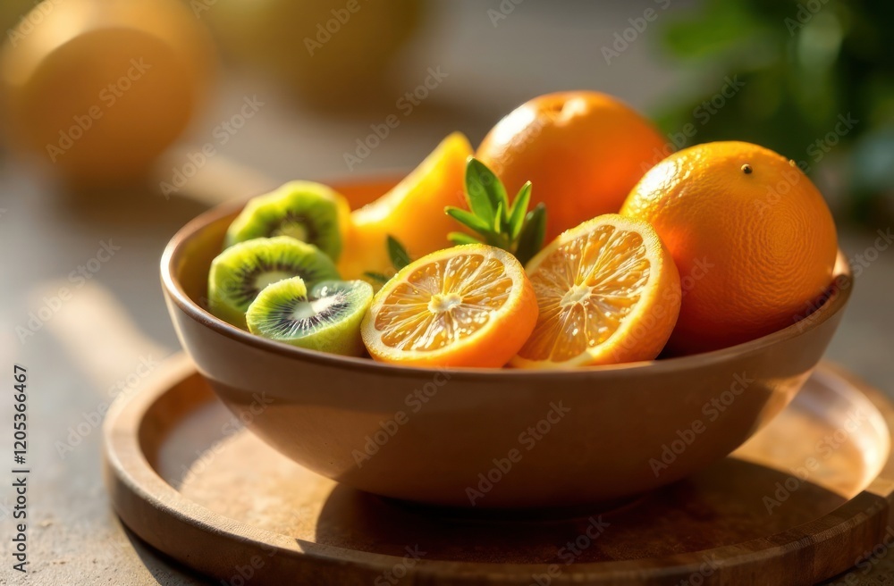 fresh oranges and kiwi slices in wooden bowl in sunlight. vibrant summer fruit arrangement. healthy eating, wellness concept. food blog, cookbook cover.