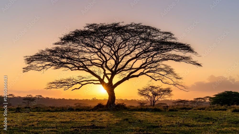 Golden sunset over dark tree silhouette in nature serene landscape tranquil viewpoint vibrant colors