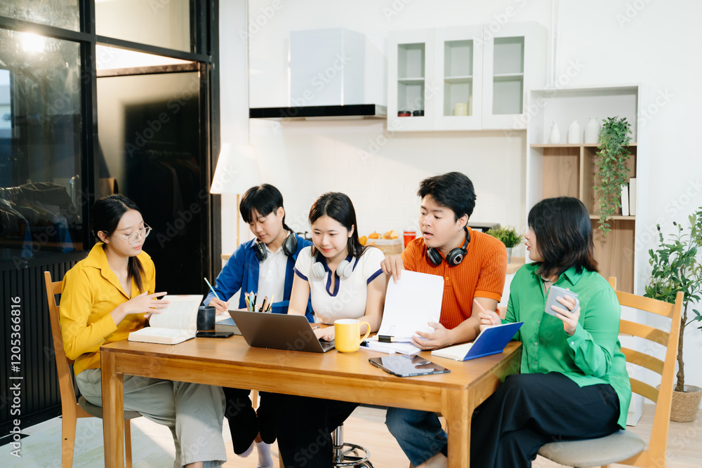 Obraz premium Teamwork and creativity with young adults collaborating on laptops and tablets in a cozy