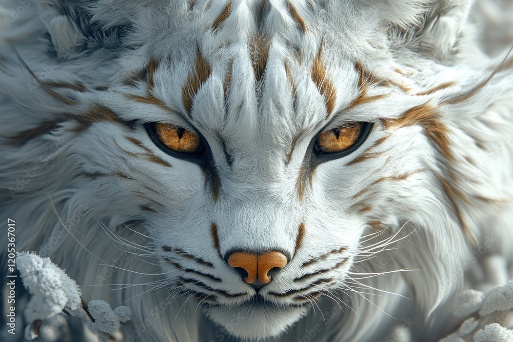 Obraz premium close-up shows the head and face of a snow-white animal, reminiscent of a wild cat, with golden eyes. 