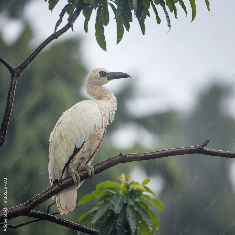 A photo of a garuda bird sitting on a tree branch during a rainy day. The background is blurred and contains green leaves and the sky. The overall image has a serene atmosphere. A photo of a garuda bird sitting on a tree branch during a rainy day. The background is blurred and contains green leaves and the sky. The overall image has a serene atmosphere.