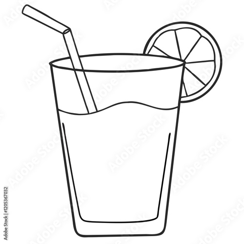 Outline of a refreshing beverage with straw and lemon slice  