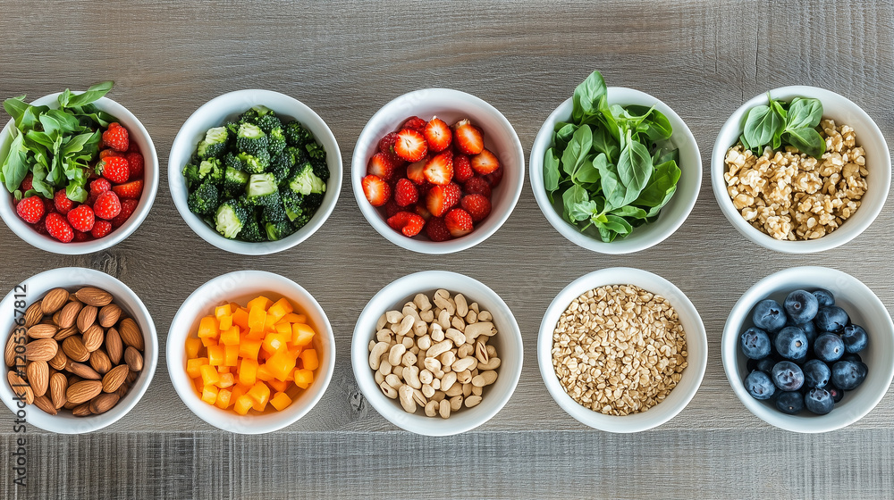 Assorted healthy ingredients in small bowls, including berries, nuts, and greens, arranged neatly on a wooden table, showcasing vibrant and nutritious food choices Assorted healthy ingredients in small bowls, including berries, nuts, and greens, arranged neatly on a wooden table, showcasing vibrant and nutritious food choices