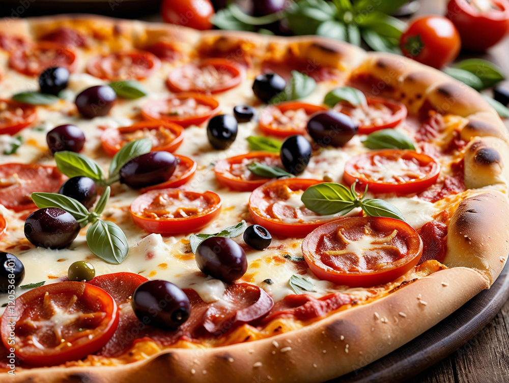 © PixlMakr - Delicious pizza with tomatoes olives and basil
