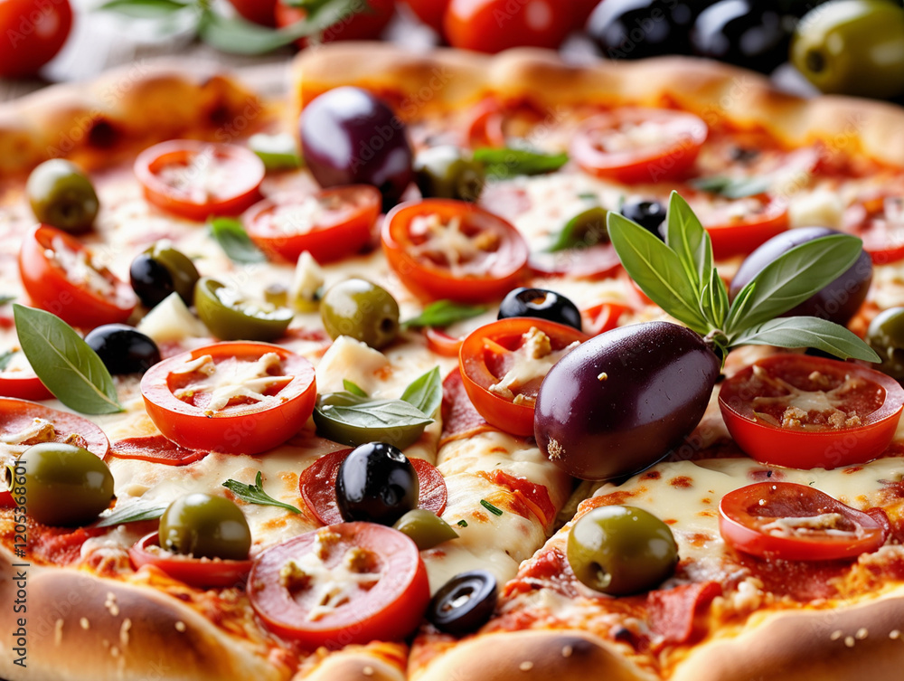 © PixlMakr - Delicious pizza with tomatoes olives and basil