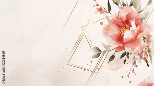Watercolor Floral Arrangement with Geometric Gold Lines and Splattered Dots Design