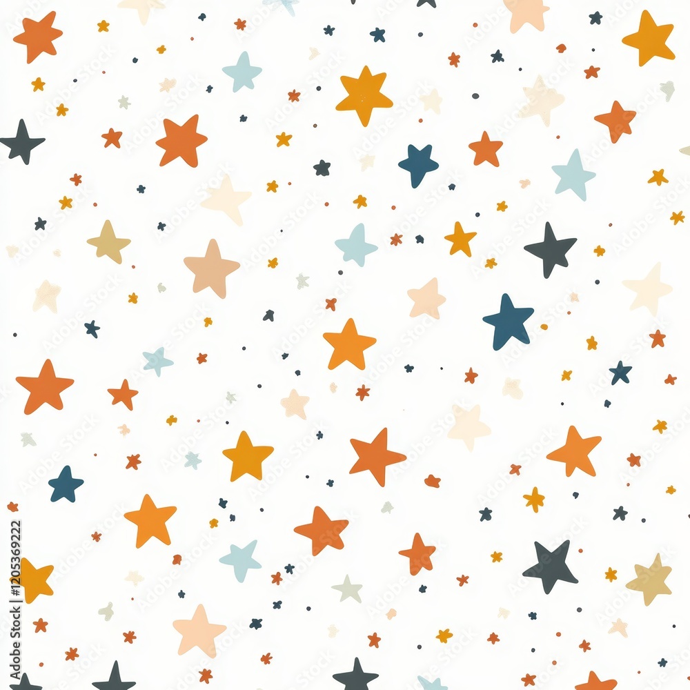 Whimsical hand drawn stars pattern in soft muted colors for charming decorative use
