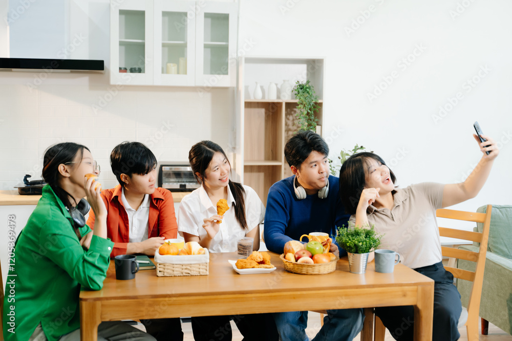 Group of Young Asian friend having, enjoy evening party together at home. Group of Young Asian friend having, enjoy evening party together at home.