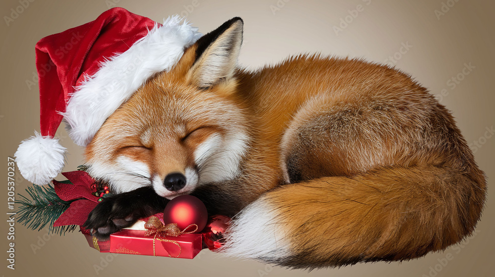 Adorable fox sleeping dressed in Christmas accessories, surrounded by snow and holiday charm, ideal for winter art and decor Adorable fox sleeping dressed in Christmas accessories, surrounded by snow and holiday charm, ideal for winter art and decor