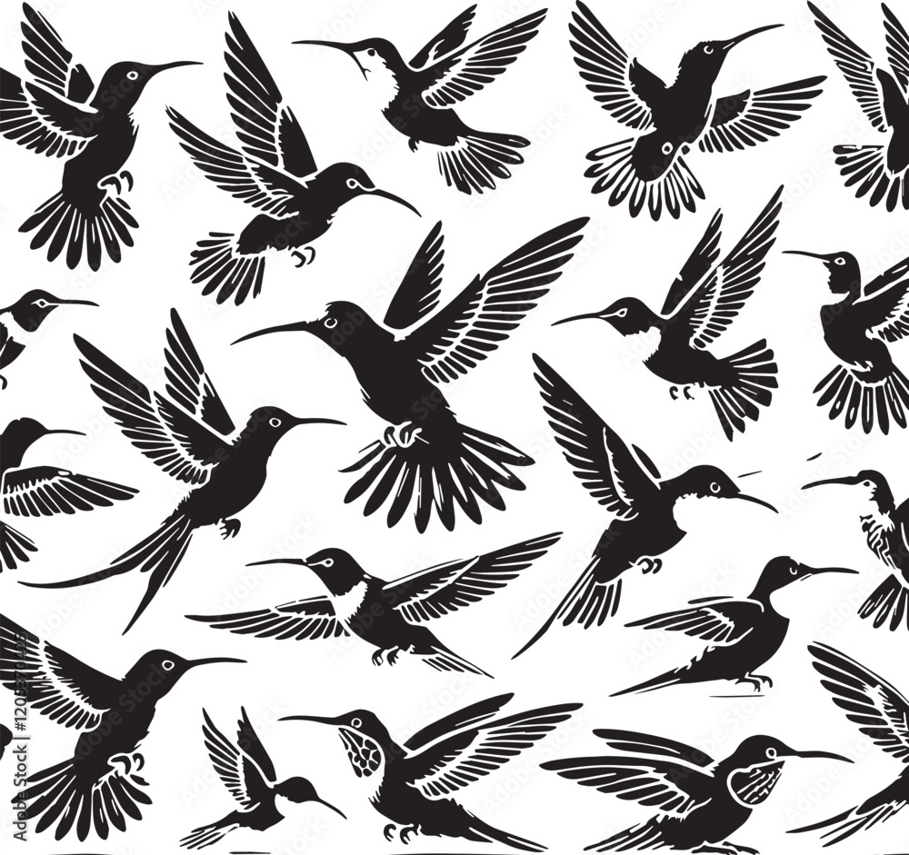 Fototapeta premium Black Color Hummingbird Silhouette Vector Illustration, Solid White Background. minimal vector design