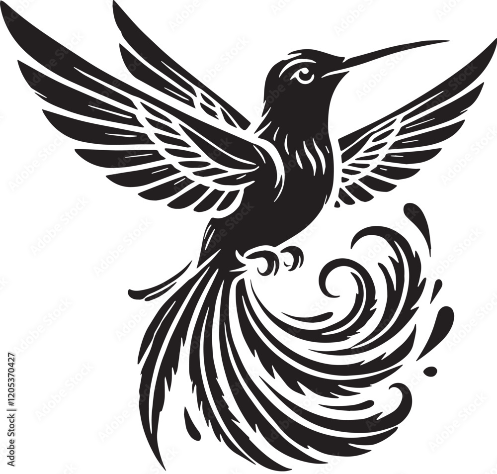 Fototapeta premium Black Color Hummingbird Silhouette Vector Illustration, Solid White Background. minimal vector design