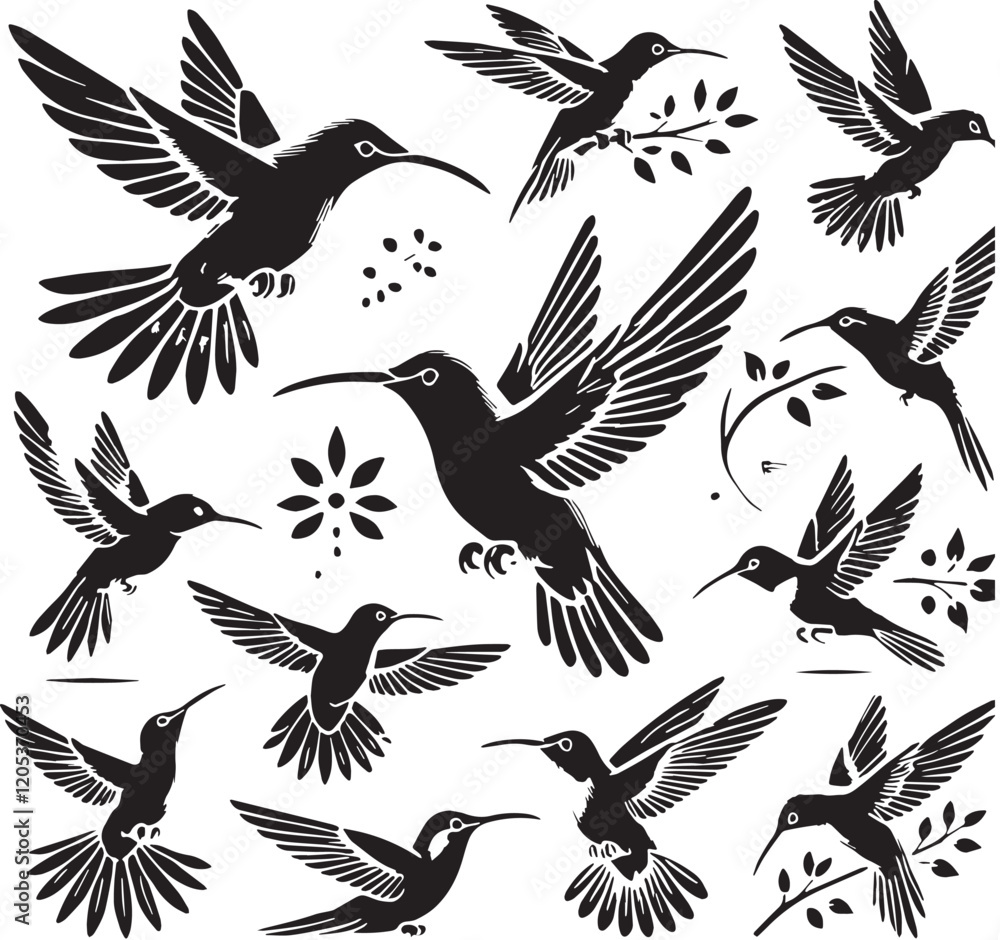 Fototapeta premium Black Color Hummingbird Silhouette Vector Illustration, Solid White Background. minimal vector design