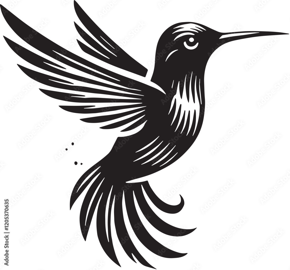 Obraz premium Black Color Hummingbird Silhouette Vector Illustration, Solid White Background. minimal vector design