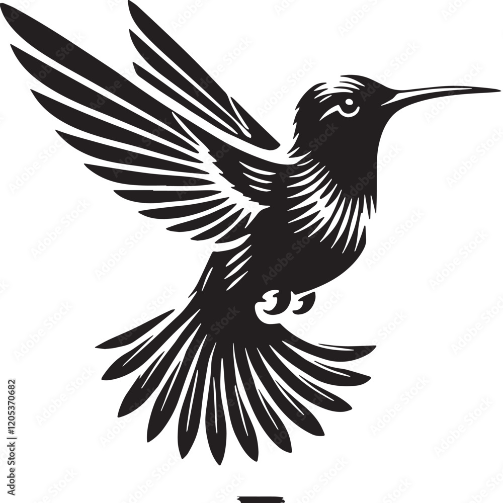 Fototapeta premium Black Color Hummingbird Silhouette Vector Illustration, Solid White Background. minimal vector design