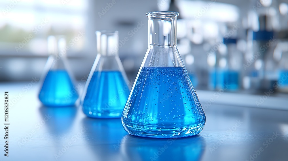 A close up of glass beakers filled with clear blue liquid A close up of glass beakers filled with clear blue liquid
