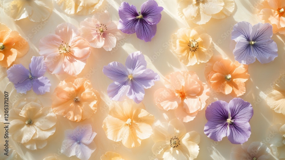 Top-down view of different spring flowers on a light surface Top-down view of different spring flowers on a light surface