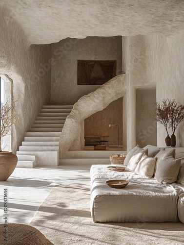 Living room with rustic walls and an white couch	
