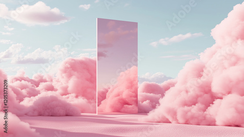 ピンクの雲とポータルの幻想的な風景