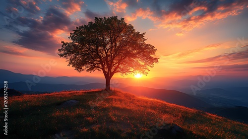 Lone tree sunset mountaintop scenic landscape