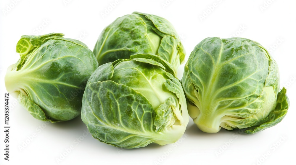 Three fresh cabbage heads arranged neatly on a clean white surface, showcasing their vibrant green leaves and firm texture. Three fresh cabbage heads arranged neatly on a clean white surface, showcasing their vibrant green leaves and firm texture.