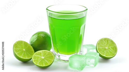 glass of green lime juice with ice cubes isolated on white background