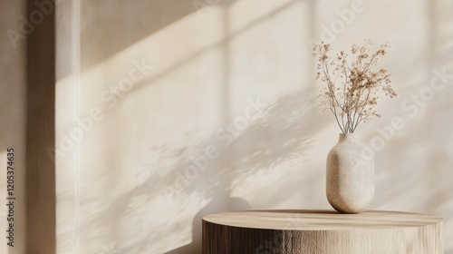 Beige vase with dried flowers on wooden table, sunlit room photo