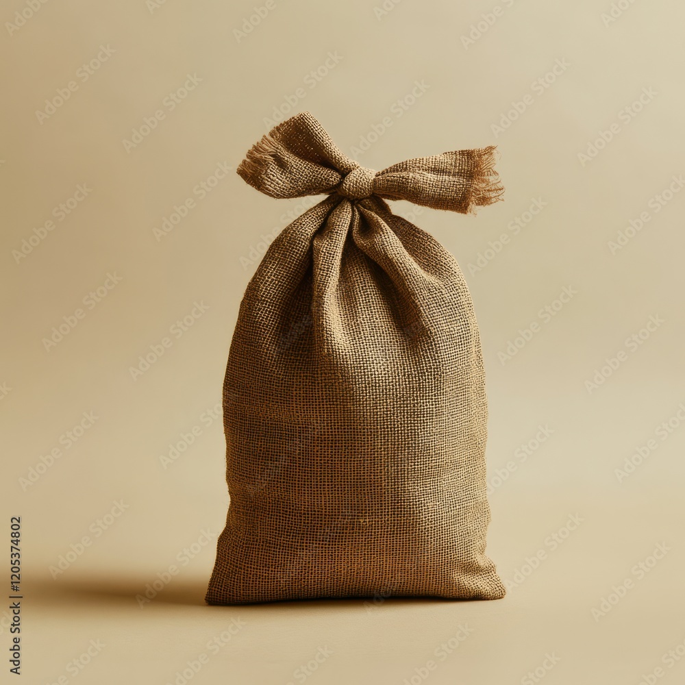 A rustic burlap sack tied with a frayed bow, standing on a beige background. A rustic burlap sack tied with a frayed bow, standing on a beige background.