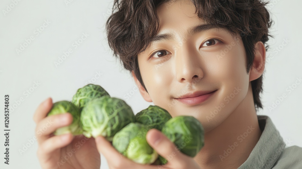A man confidently holds a vibrant bunch of brussels sprouts, showcasing fresh produce and emphasizing healthy eating choices.