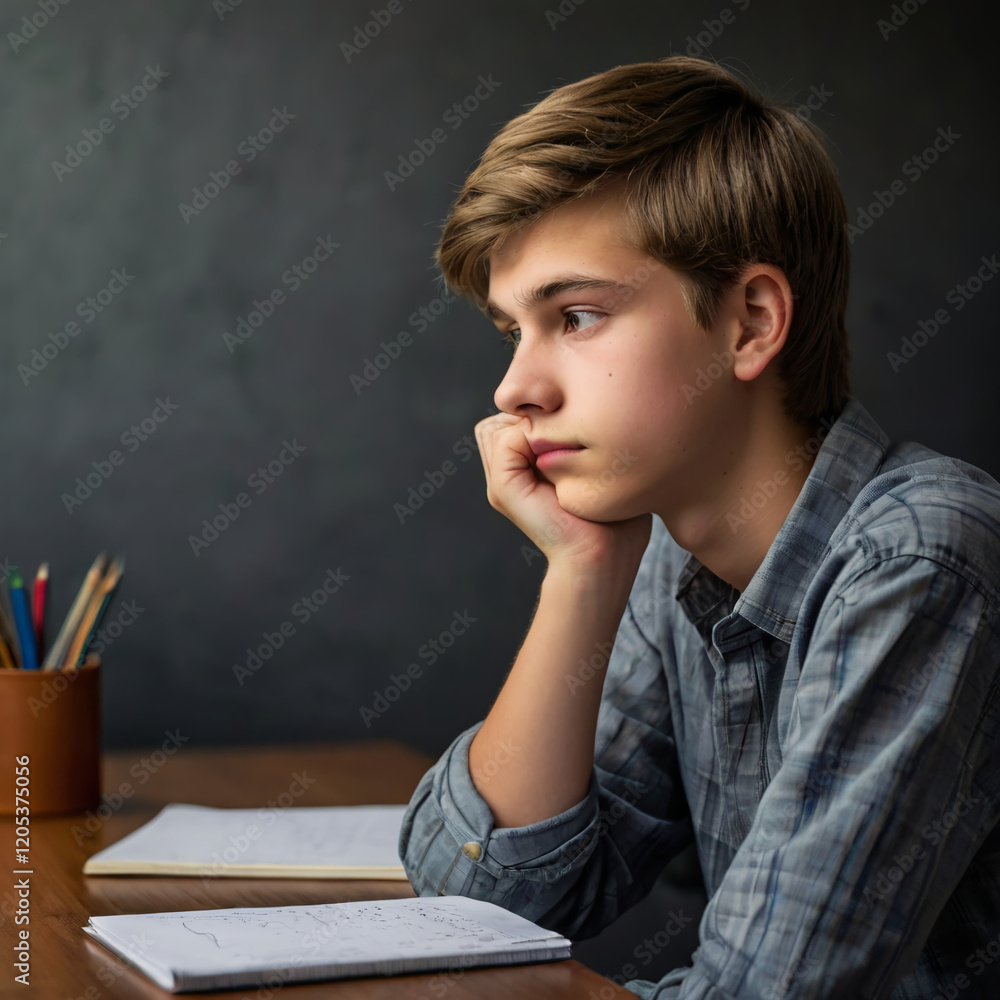 Teenager Sitting at a Desk with a Thinking Pose Teenager Sitting at a Desk with a Thinking Pose