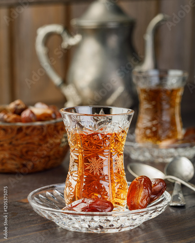 Azerbaijani black tea in armudu tea glass. Atmosphere of Baku and Eastern traditions. Oriental cuisine. Cozy atmosphere in the caucasus cafe.