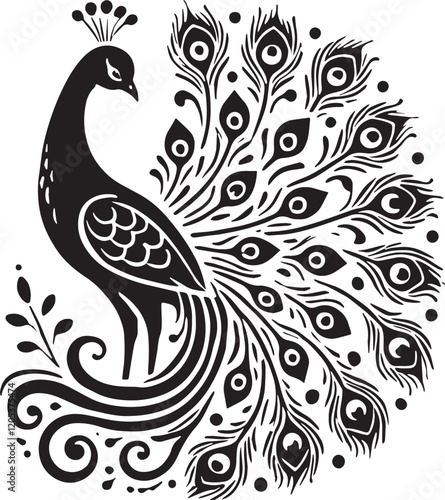 Wallpaper Mural Black Color Peacock Silhouette Vector Illustration, Solid White Background. minimal vector design Torontodigital.ca